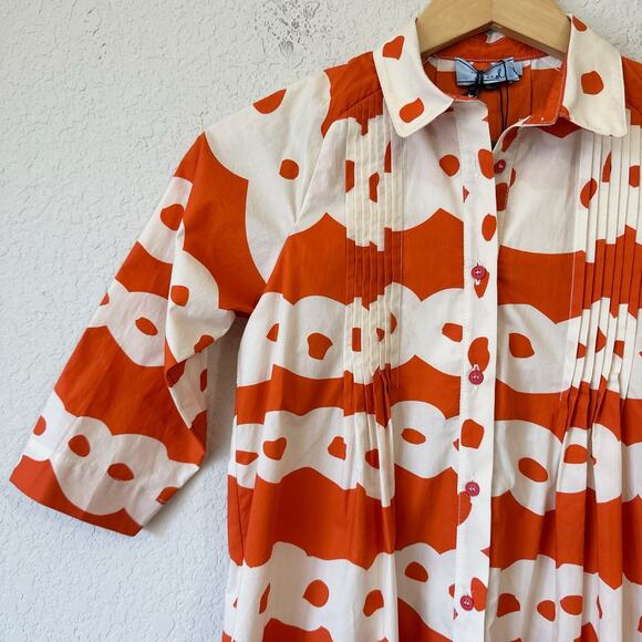 MIMISOL Long Shirt Dress Orange White Abstract Pleated Cotton Artsy NWT - Picture 6 of 12